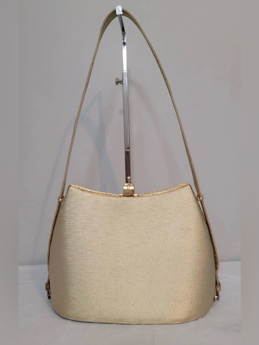 Vintage Gold Shoulder Bag Metallic Fabric Structured Purse Adjustable Strap